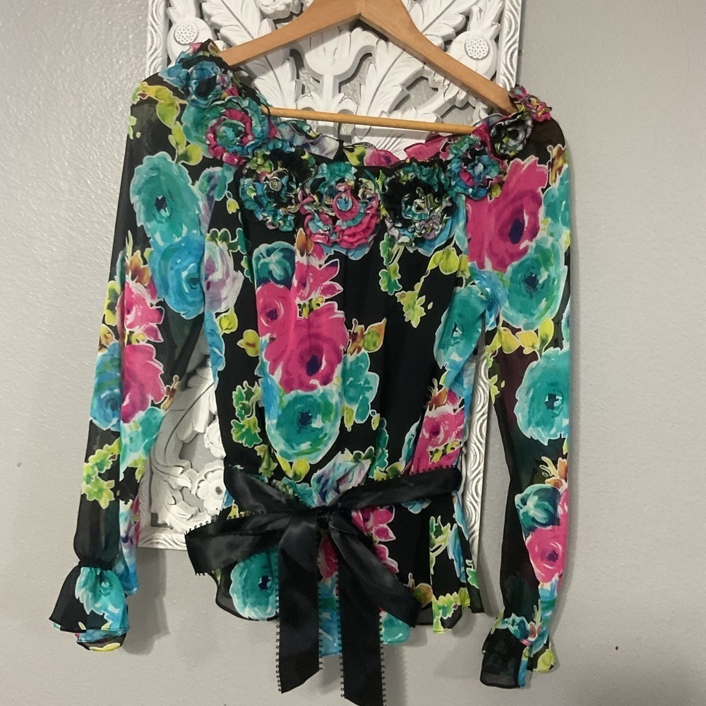ADRIANNA PAPELL Evening Essentials Floral Long Sleeve Off Shoulder Blouse Top S